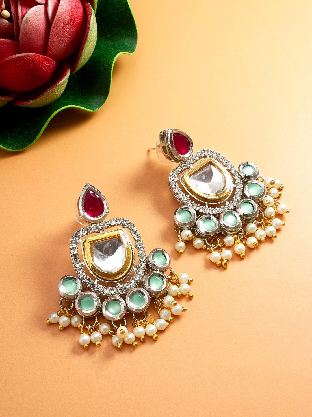 

aadita Gold-Plated Kundan-Studded & Pearl Beaded Drop Earrings
