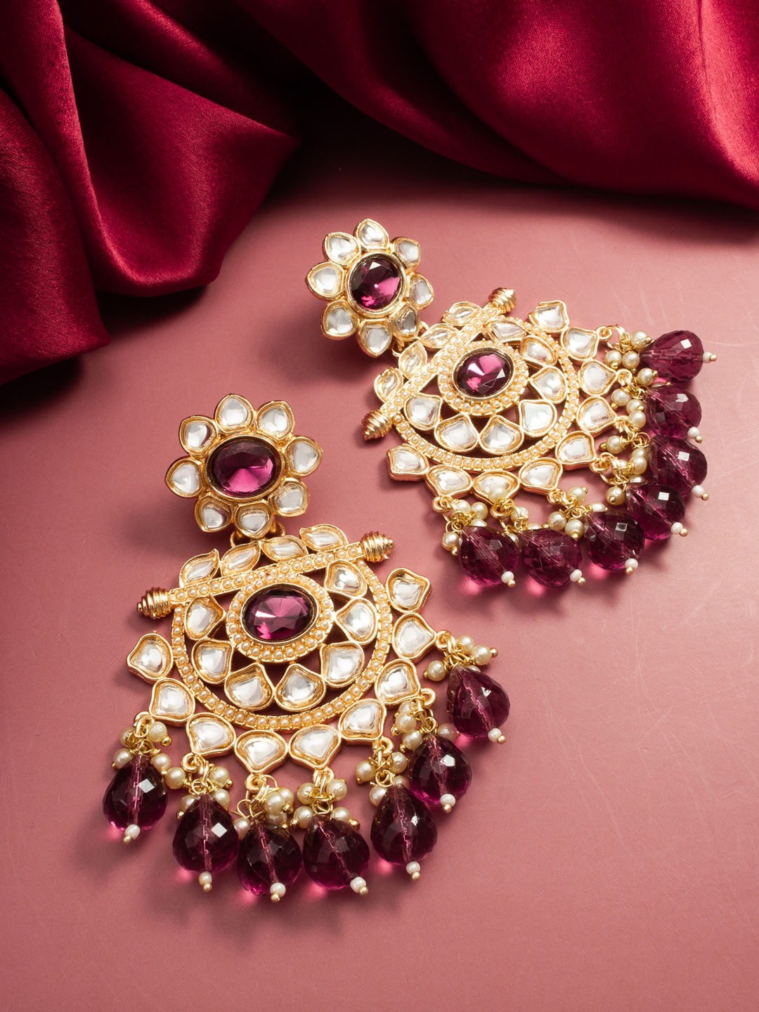 

aadita Gold-Plated Pearl Kundan-Studded Geometric Chandbalis