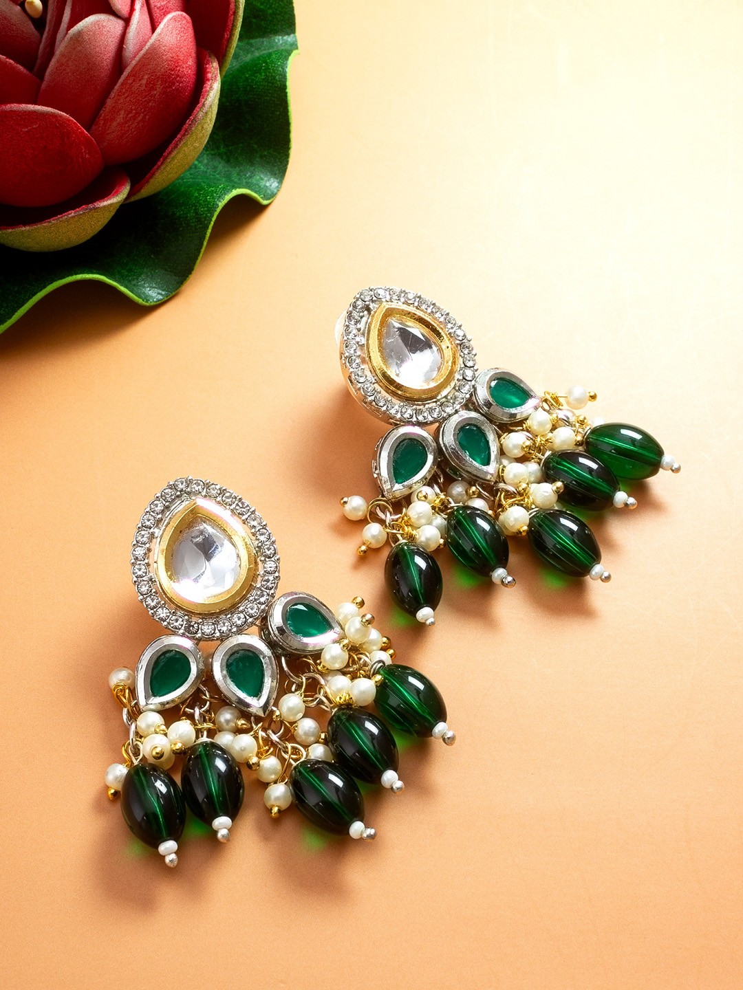 

aadita Gold-Plated Geometric Kundan Studded & Beaded Drop Earrings