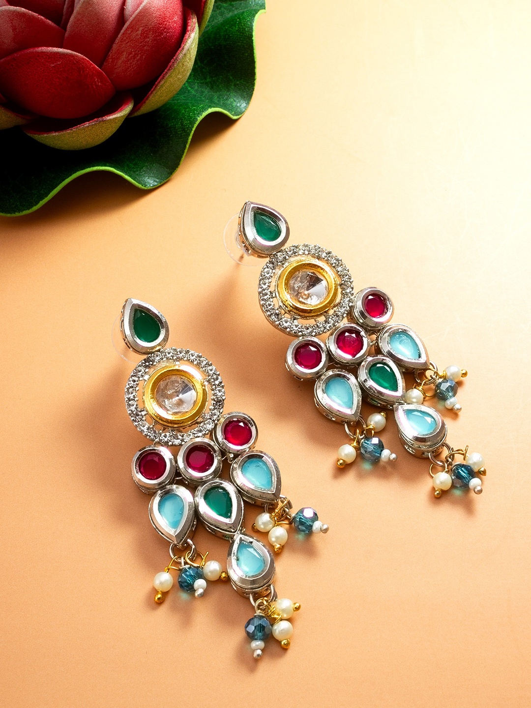 

aadita Gold-Plated Kundan-Studded & Pearl Beaded Drop Earrings