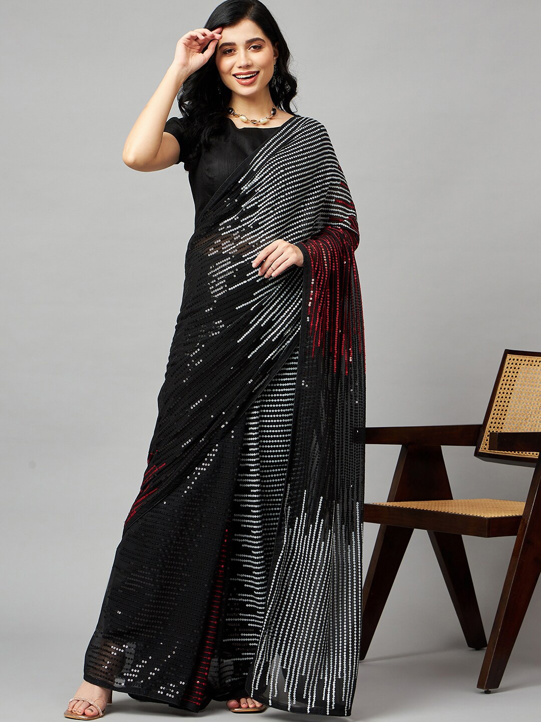 

HERE&NOW Black & Red Embellished Sequinned Pure Georgette Heavy Work Saree