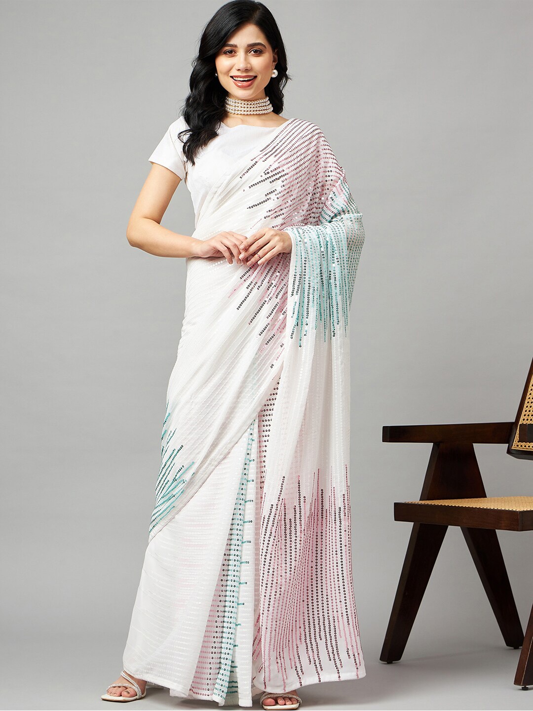 

Mitera White Embellished Sequinned Pure Georgette Saree