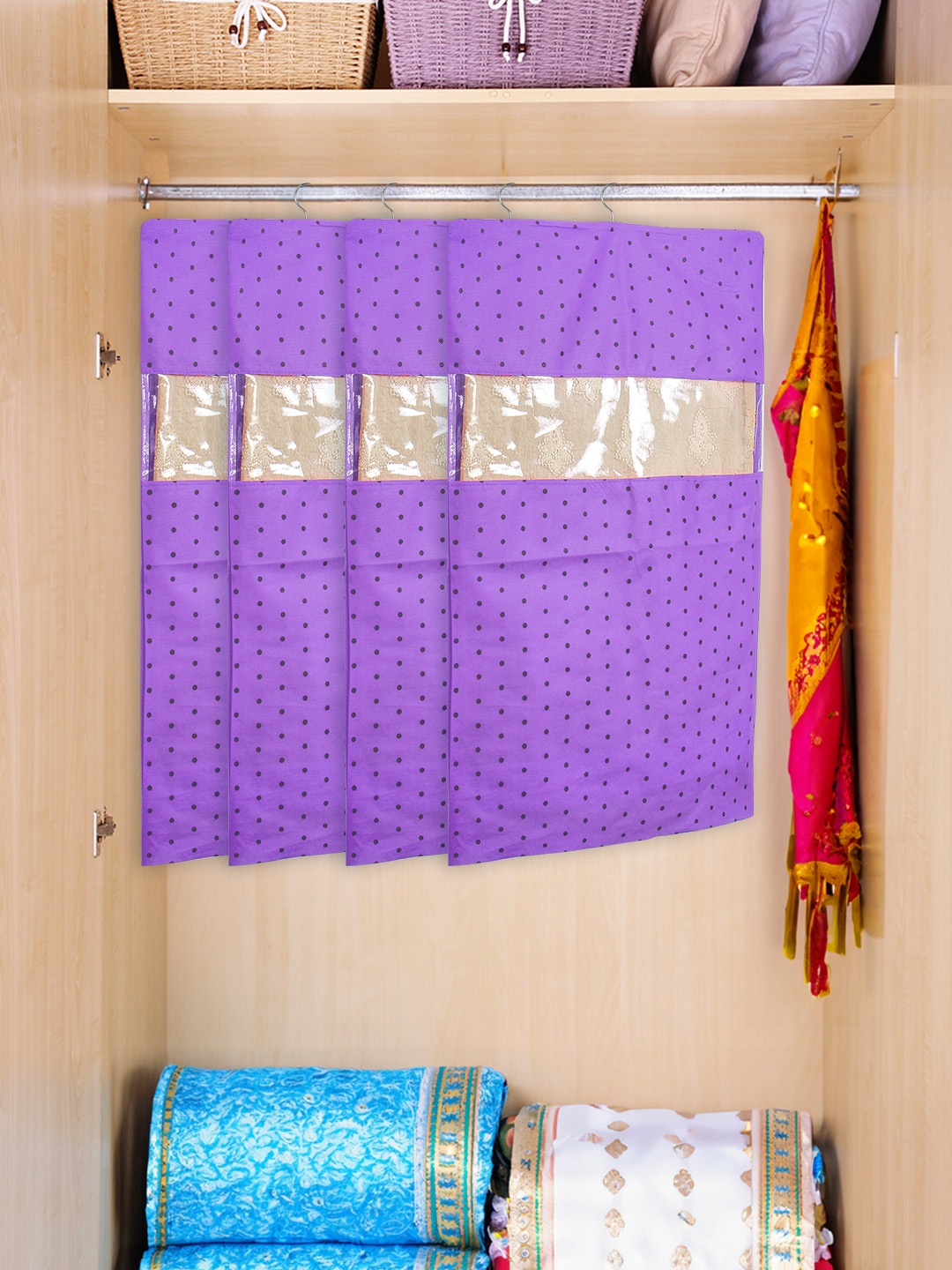 

prettykrafts Purple 12 Pieces Polka Dot Printed Fabric Saree Organizers