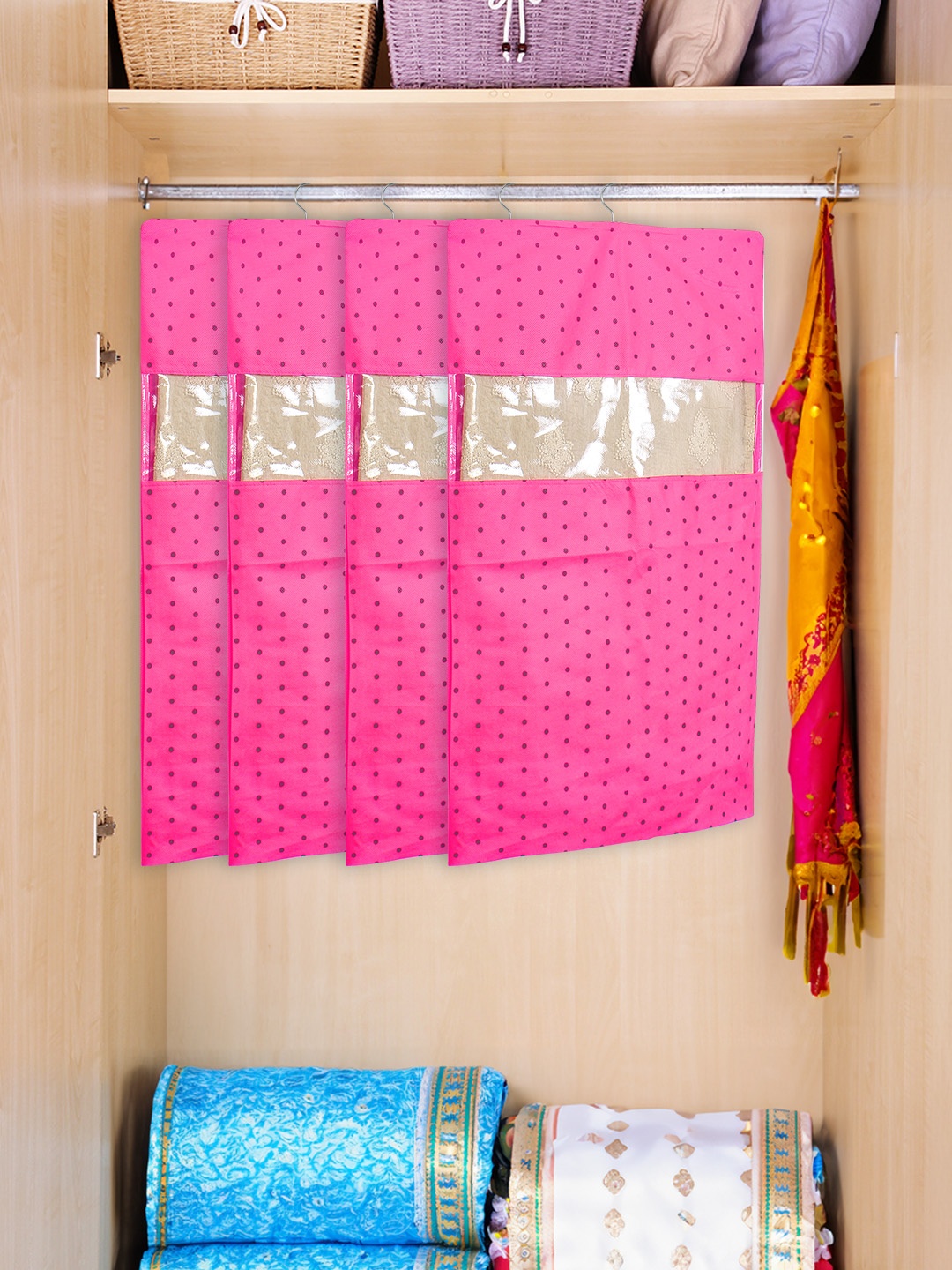 

prettykrafts Pink & Black 12 Pieces Dot Printed Hanging Saree Cover Organizers