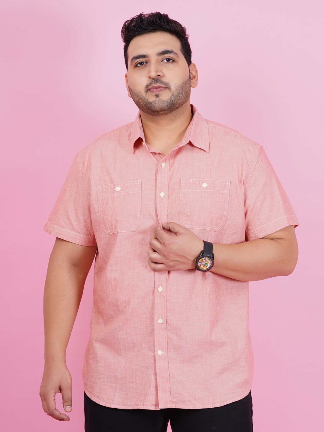 

LastInch Plus Size Classic Spread Collar Cotton Casual Shirt, Pink