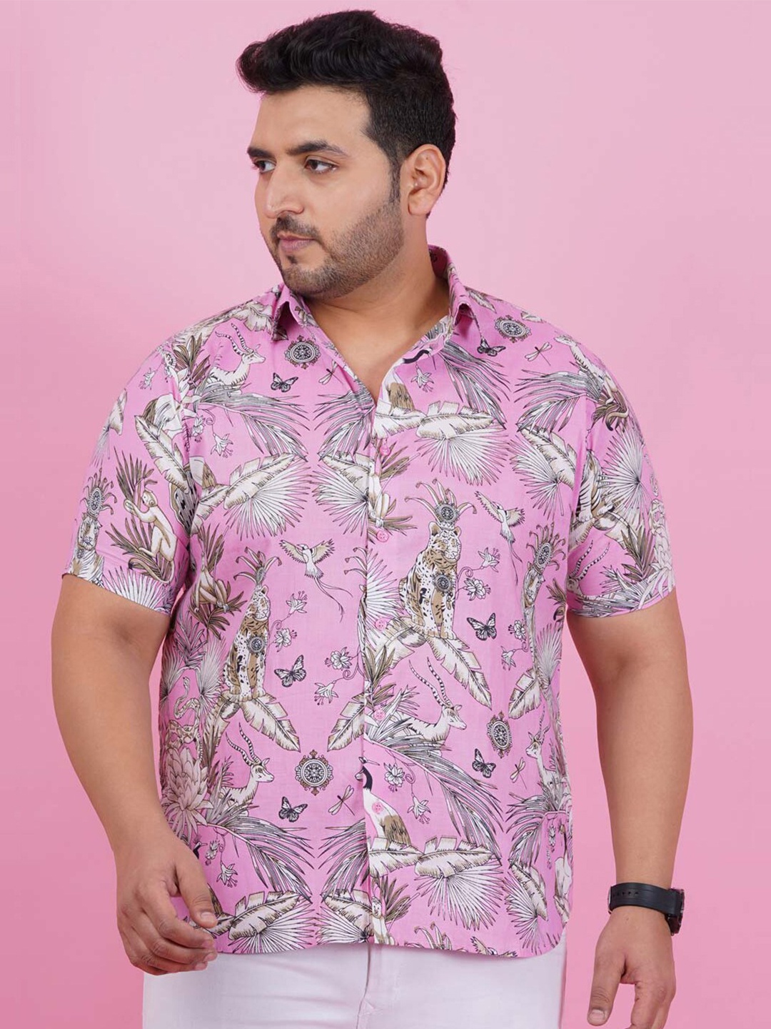 

LastInch Plus Size Classic Floral Printed Cotton Casual Shirt, Pink