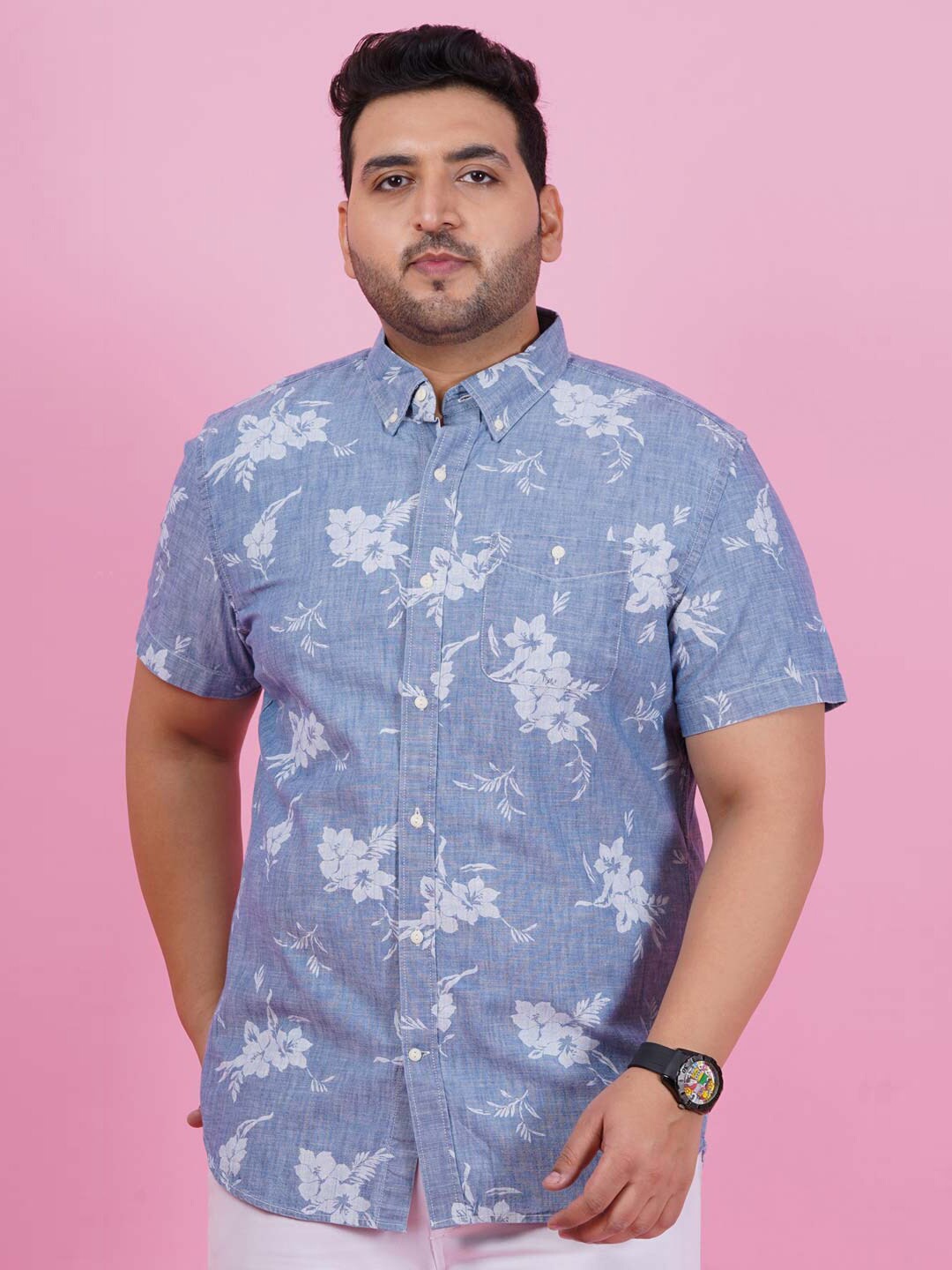 

LastInch Plus Size Classic Floral Printed Chambray Casual Shirt, Blue