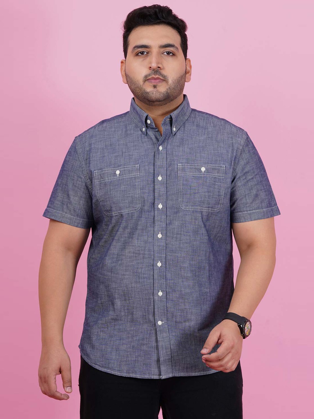

LastInch Plus Size Classic Spread Collar Cotton Casual Shirt, Blue