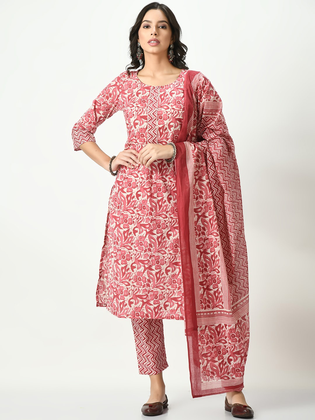 

Akshatani Floral Printed Pure Cotton Kurta With Trousers & Dupatta, Pink