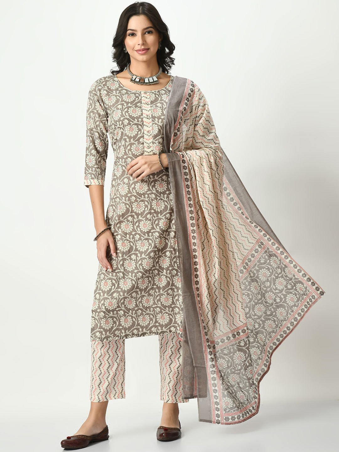 

Akshatani Floral Printed Pure Cotton Kurta With Trousers & Dupatta, Grey