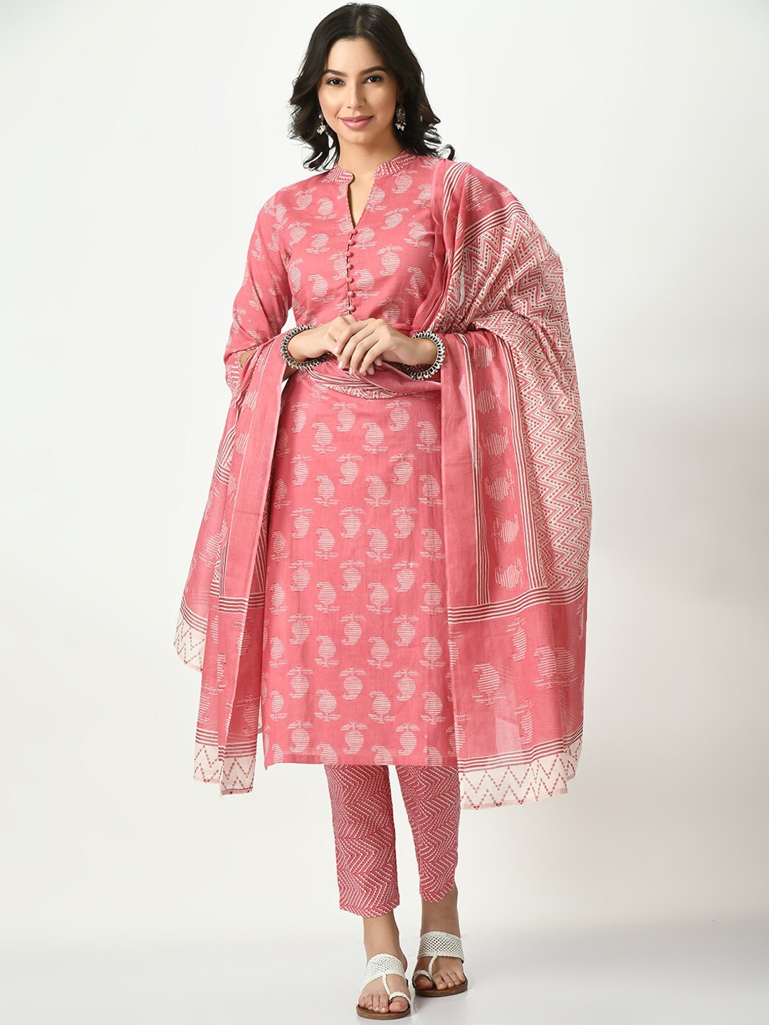 

Akshatani Ethnic Motifs Printed Pure Cotton Kurta With Trousers & Dupatta, Pink