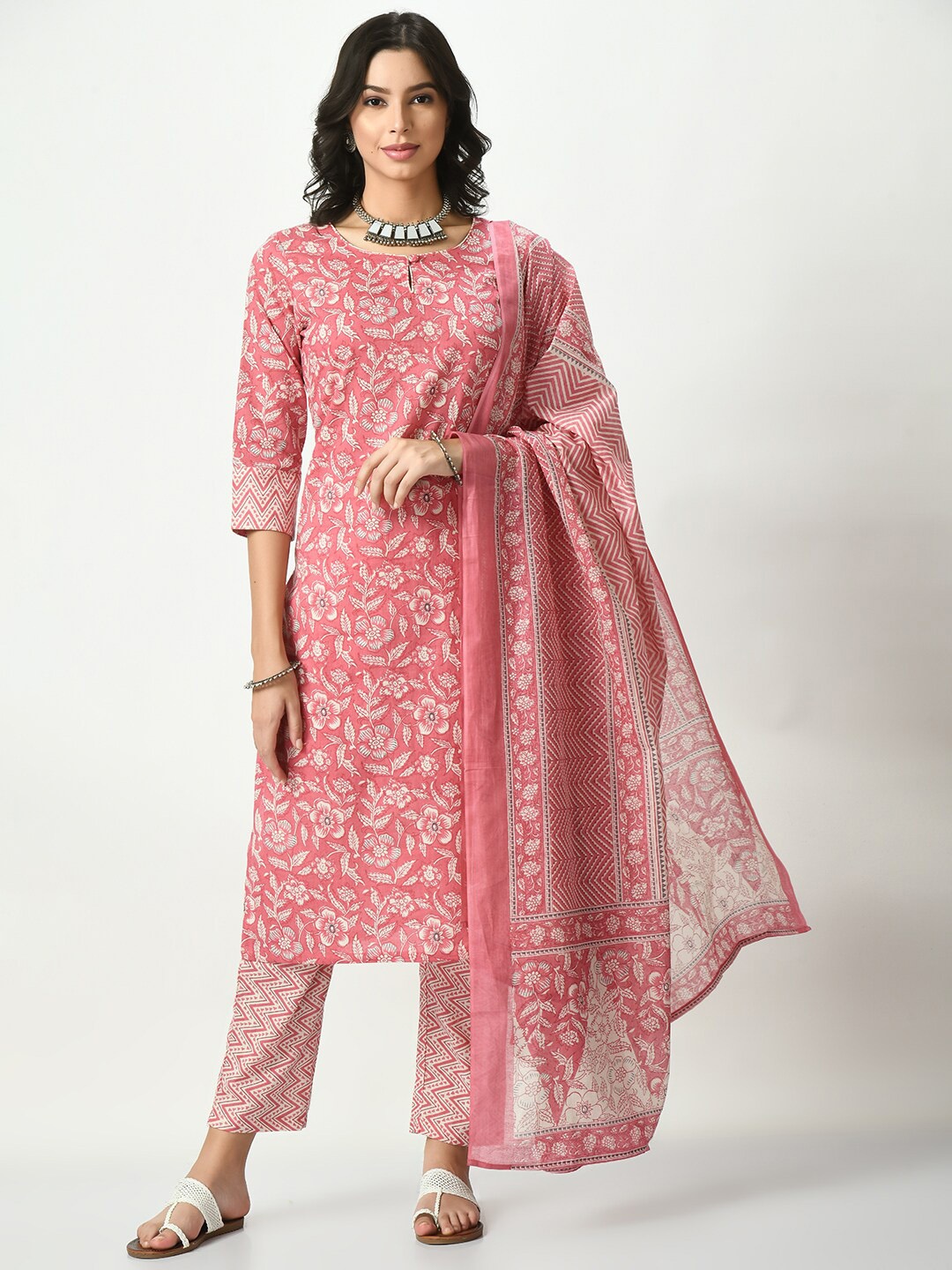 

Akshatani Floral Printed Pure Cotton Kurta With Trousers & Dupatta, Pink