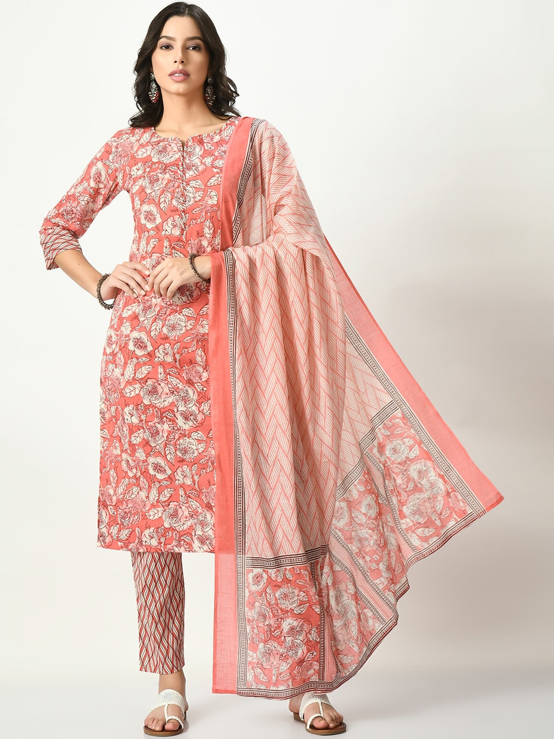 

Akshatani Floral Printed Pure Cotton Kurta With Trousers & Dupatta, Peach