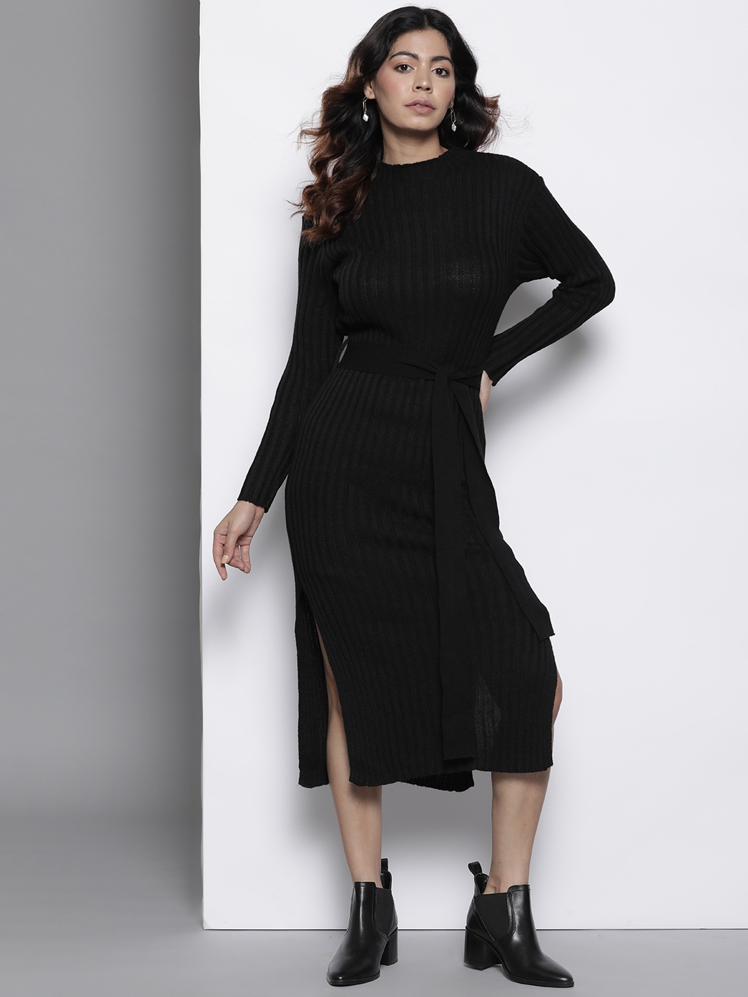 

Boohoo Ribbed Knitted Belted Side Slit Jumper Dress, Black