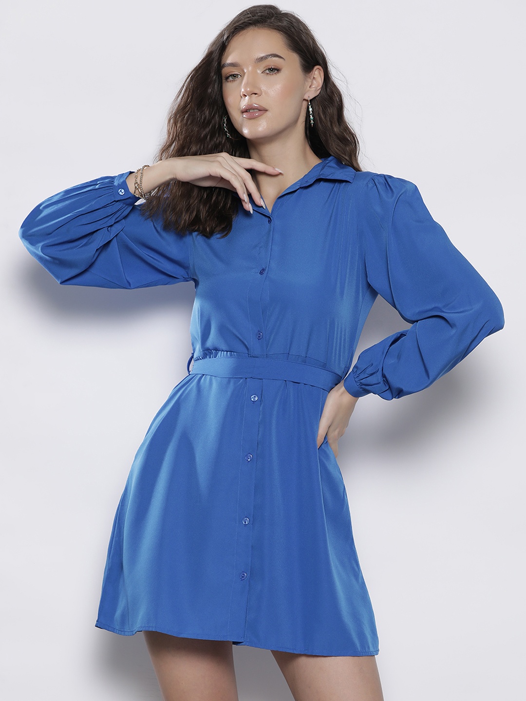 

Boohoo Puff Sleeves Mini Shirt Dress with Belt, Blue