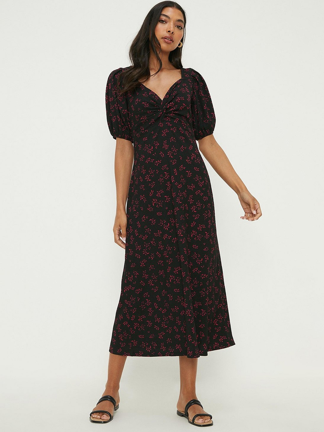 

DOROTHY PERKINS Knot Detail Floral Print Puff Sleeve Midi Dress, Black