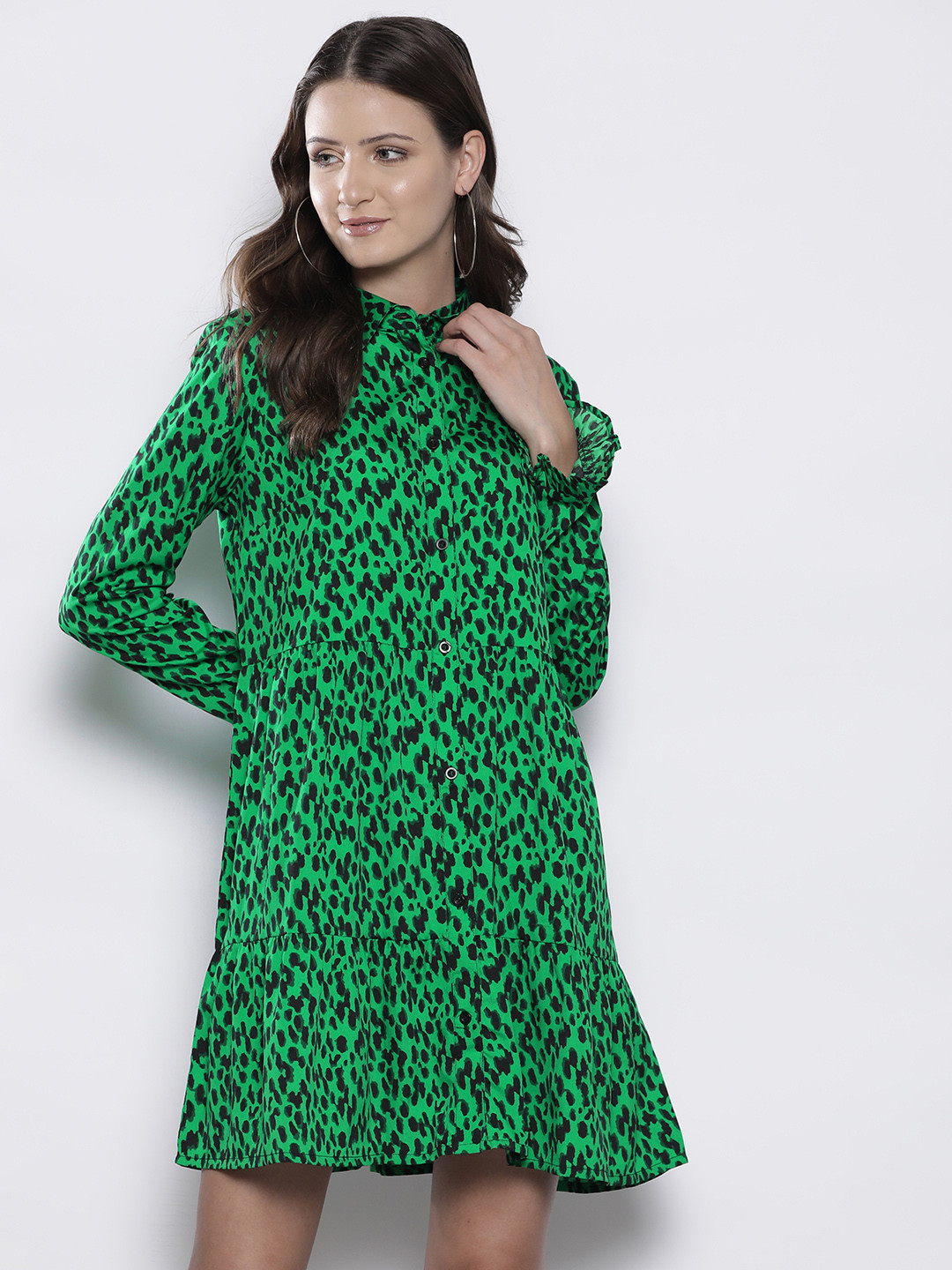 

Boohoo Animal Print Tiered Shirt Dress, Green