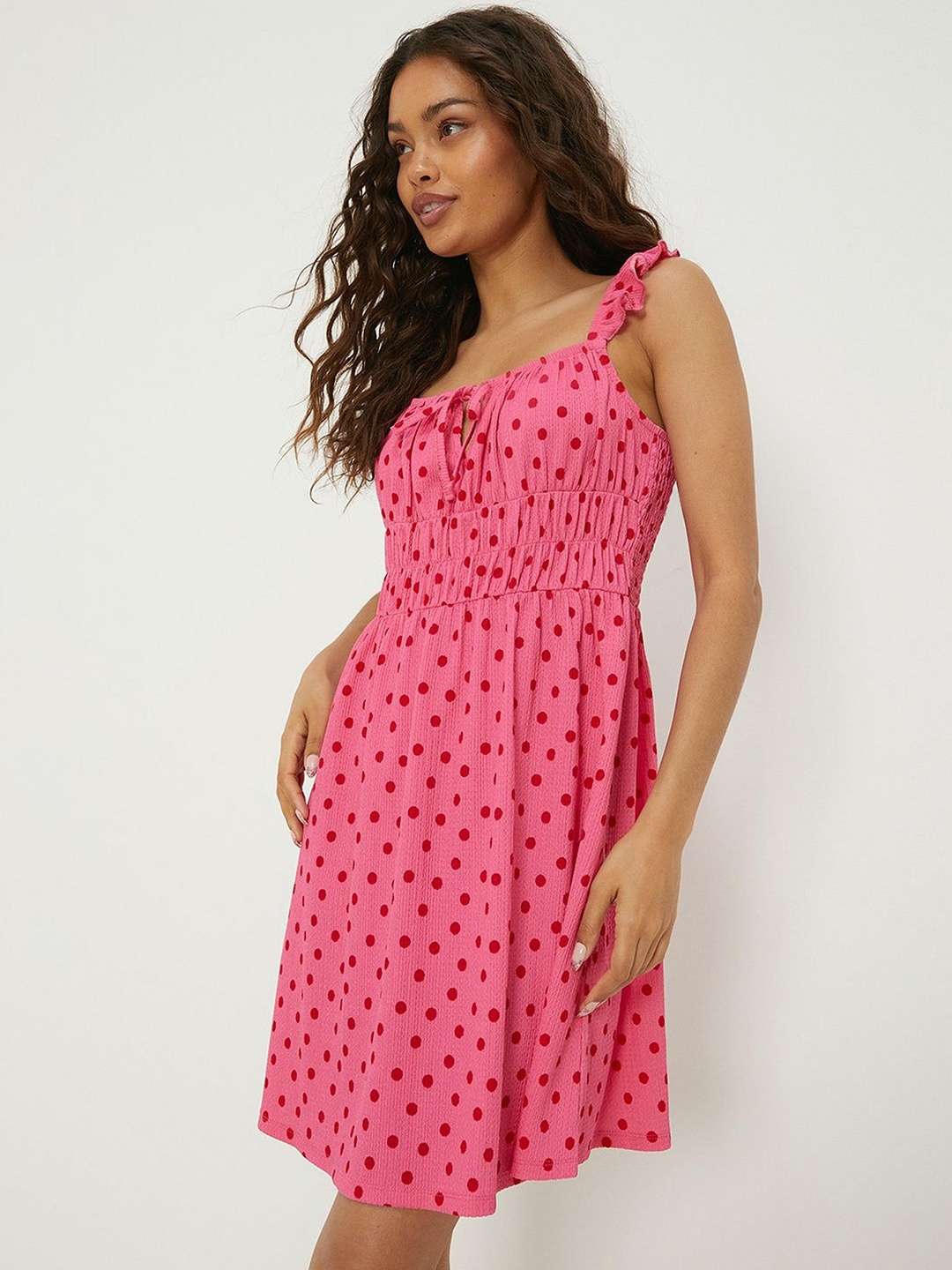 

DOROTHY PERKINS Petite Polka Dot Print Empire Mini Dress, Pink