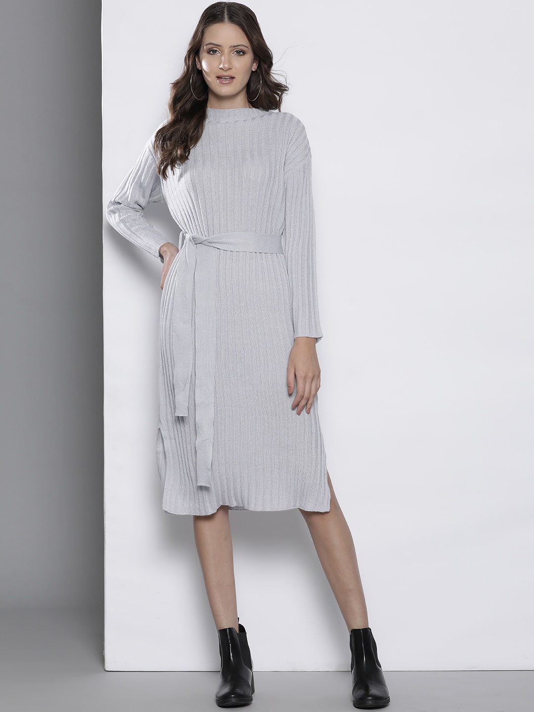 

Boohoo Self-Striped Slit Detail Midi Sweater Dress with Belt, Grey