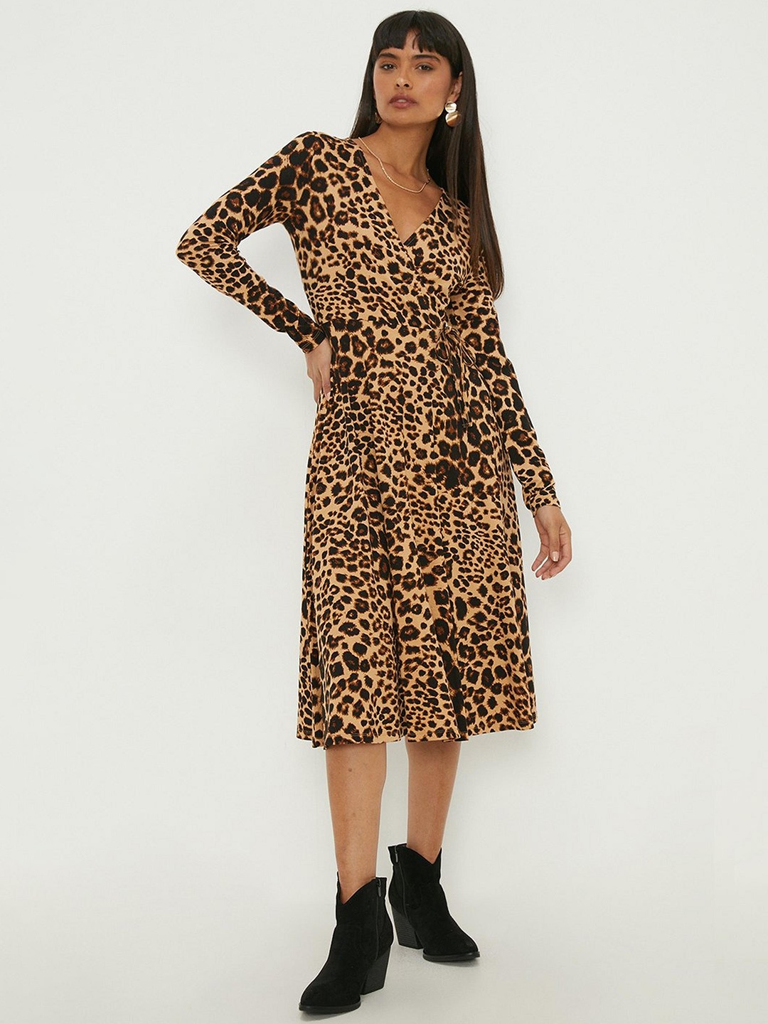 DOROTHY PERKINS Animal Print Wrap Midi Dress, Mustard
