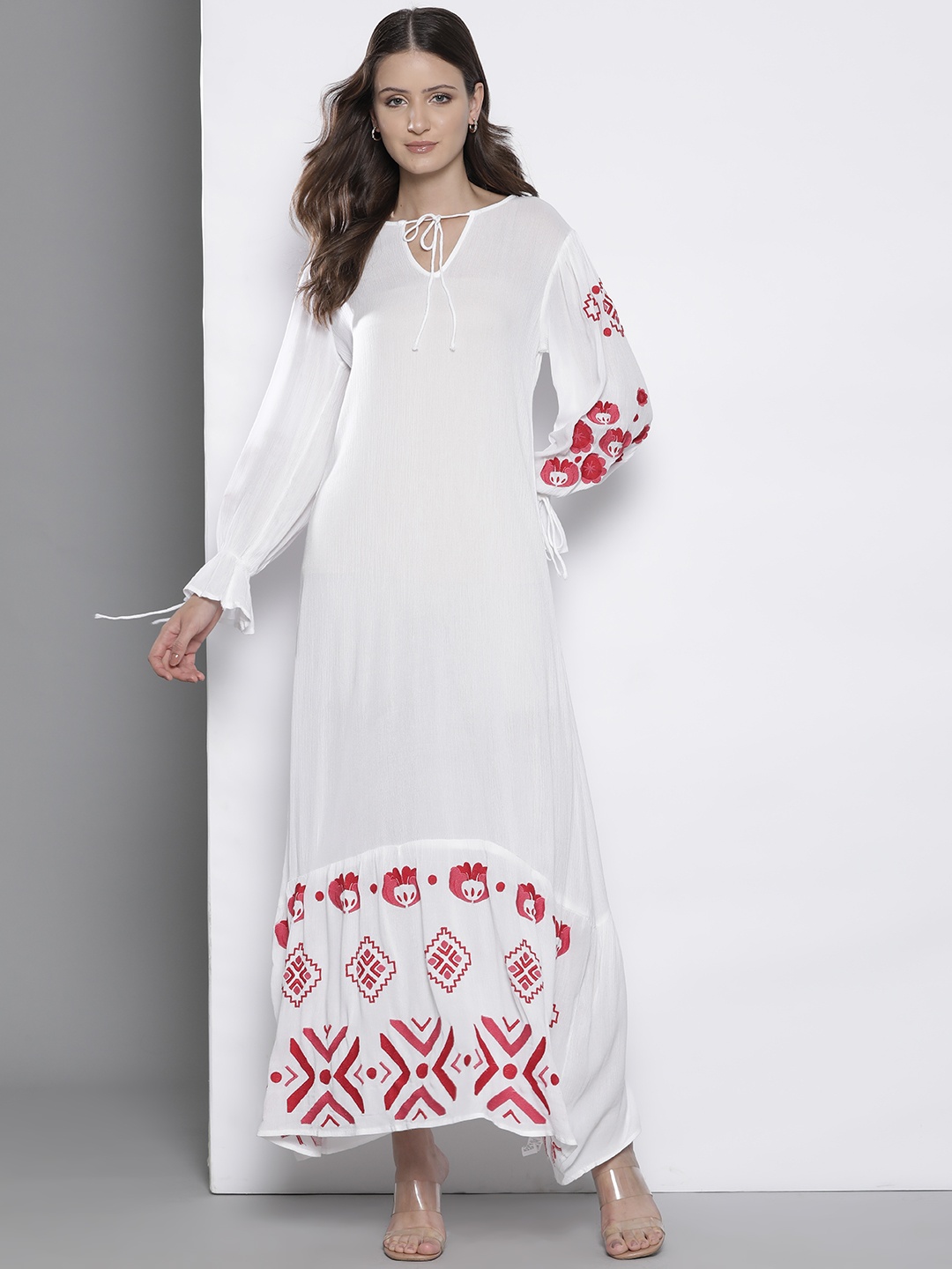 

Boohoo Geometric Embroidered Tie-Up Neck Bell Sleeves A-Line Maxi Dress, White