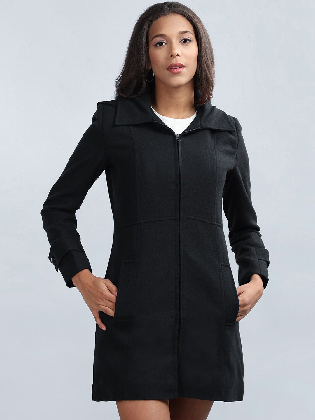 

HONNETE Single-Breasted Hooded Overcoat, Navy blue