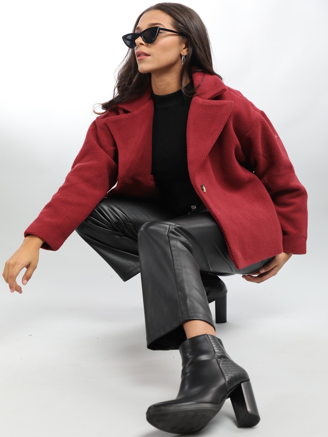 

HONNETE Single Breasted Pea Coat, Maroon