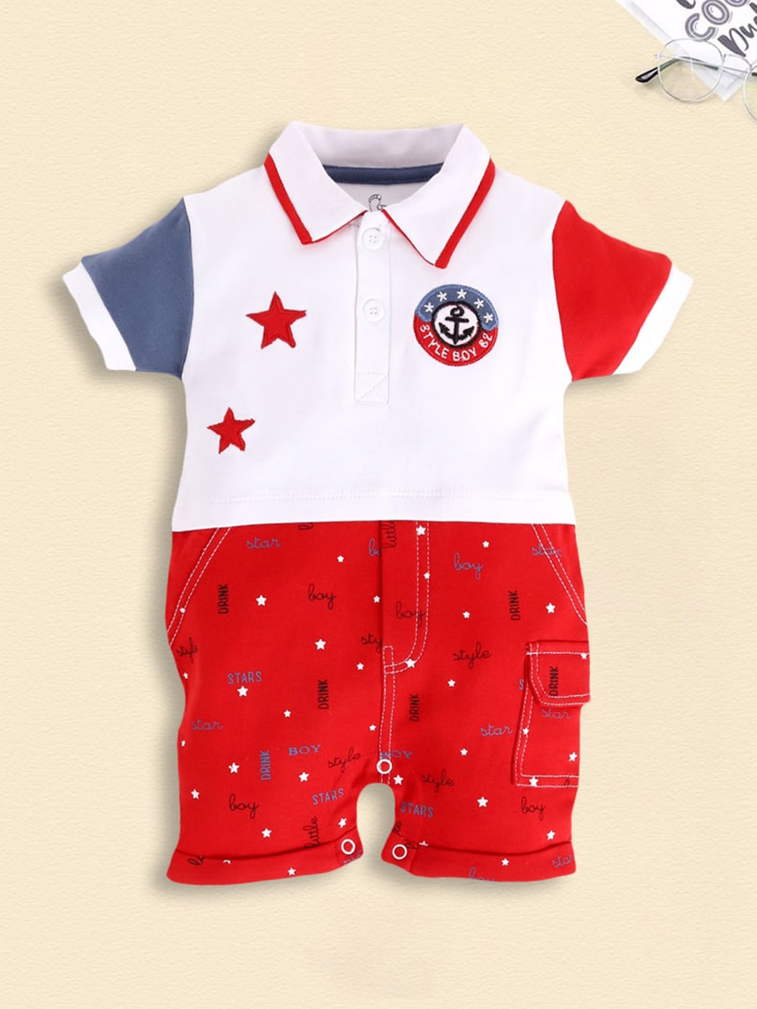 

BABY GO Infant Boys Printed Cotton Rompers, Red