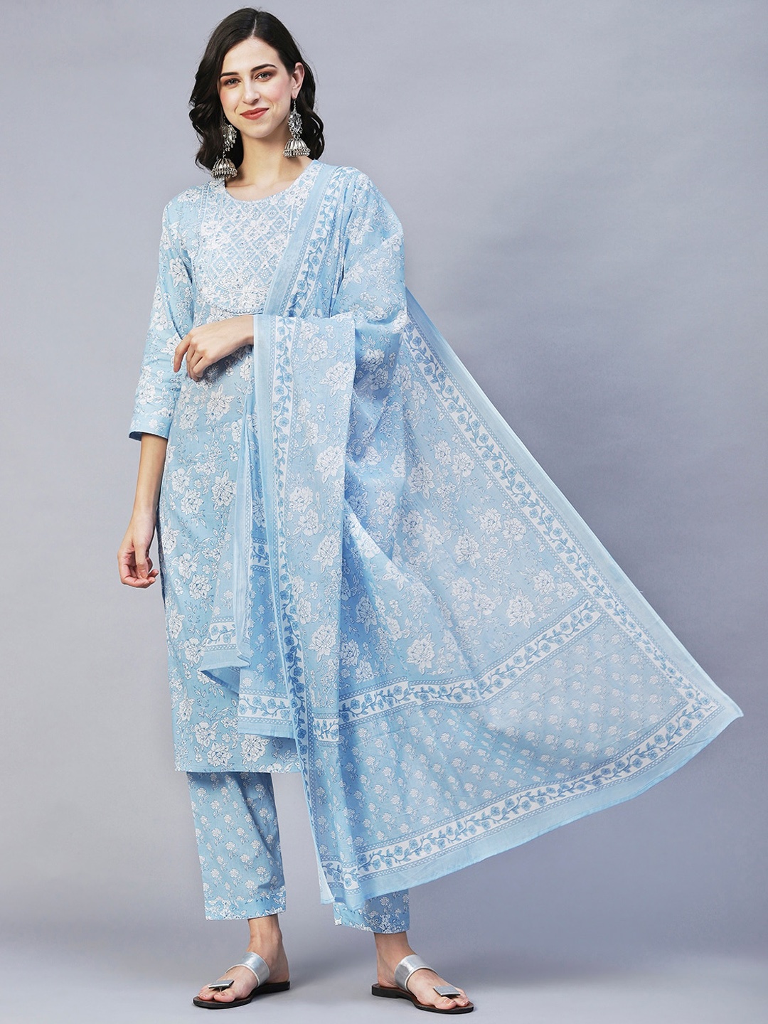 

KALINI Floral Printed Mirror Work Pure Cotton Kurta With Trousers & Dupatta, Blue