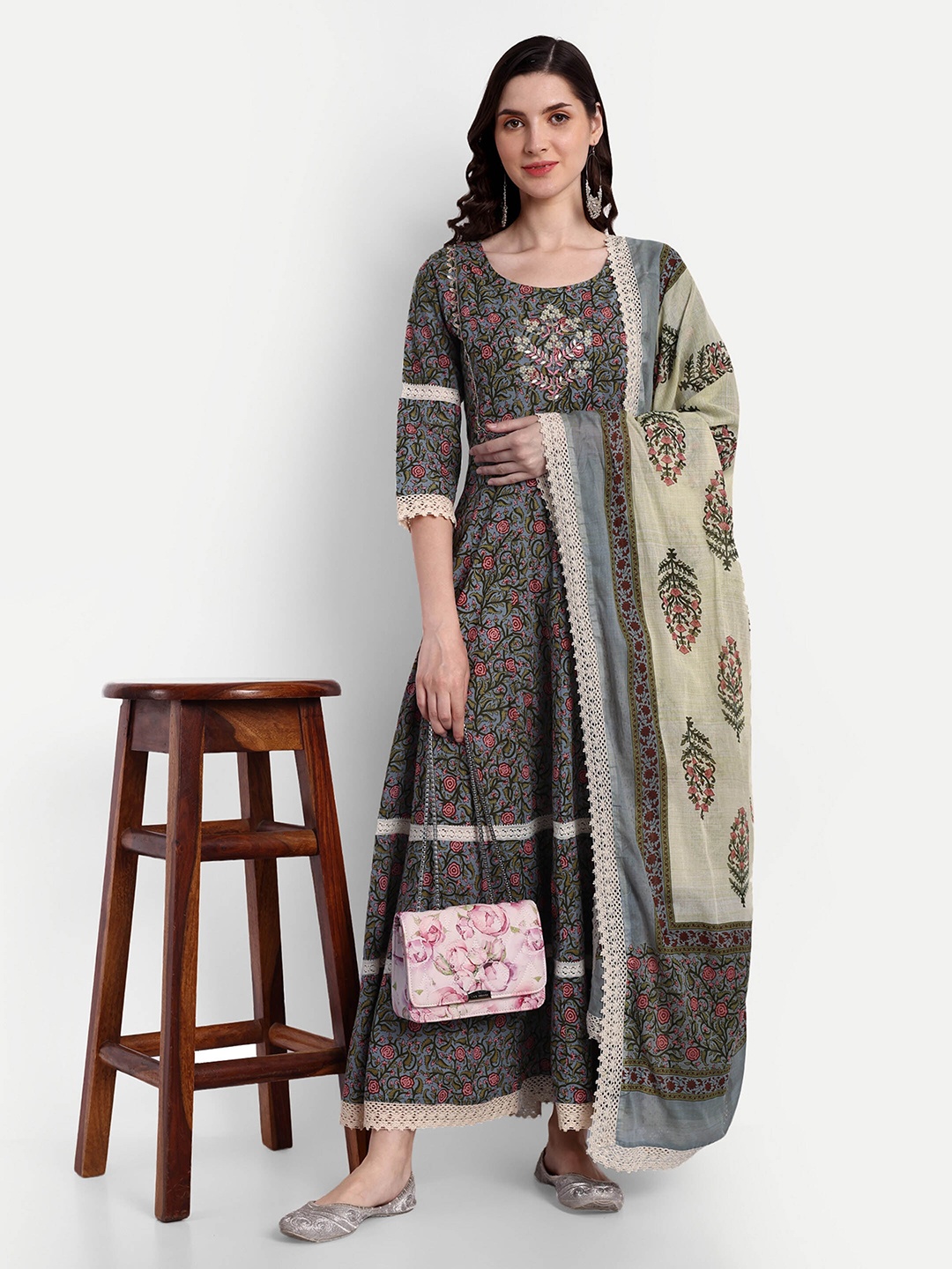 

githaan Ethnic Motifs Printed Pure Cotton Ethnic Dress, Grey