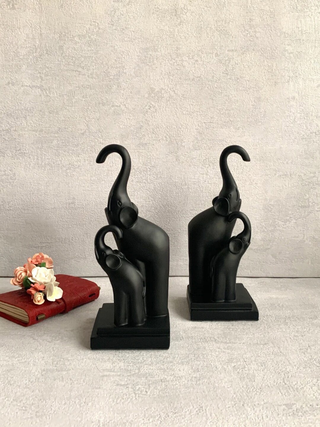 

House of Objects Black 2 Pieces Textured Elephant Polyresin Figurine Showpieces