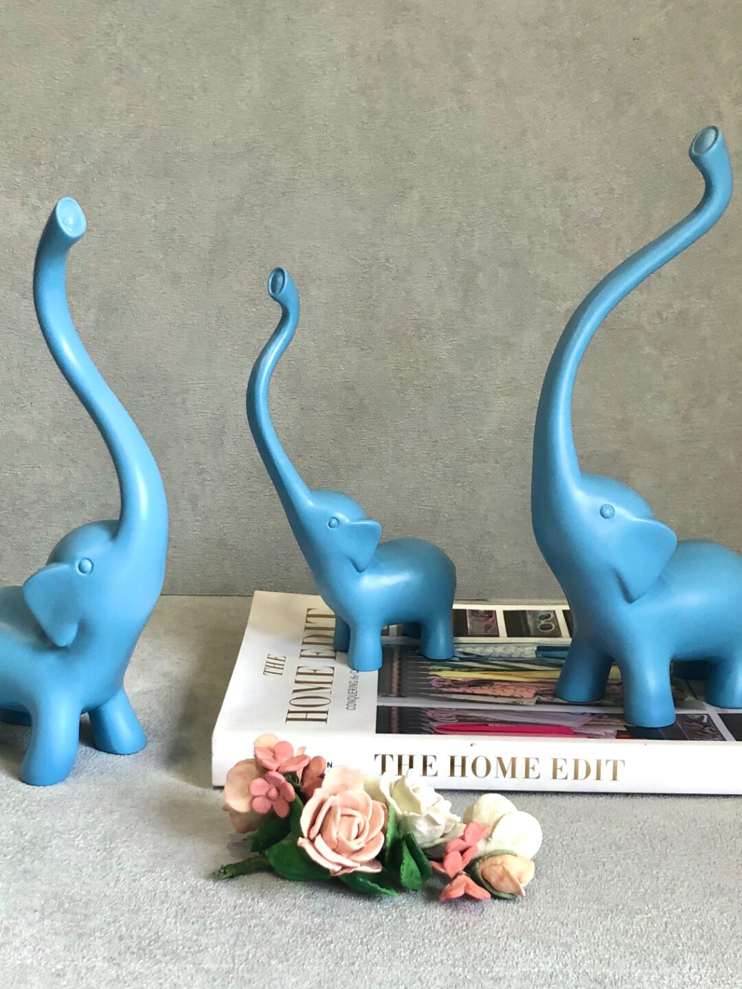 

House of Objects Blue 3 Pieces Textured Dumbo Elephant Resin Figurine Showpiece