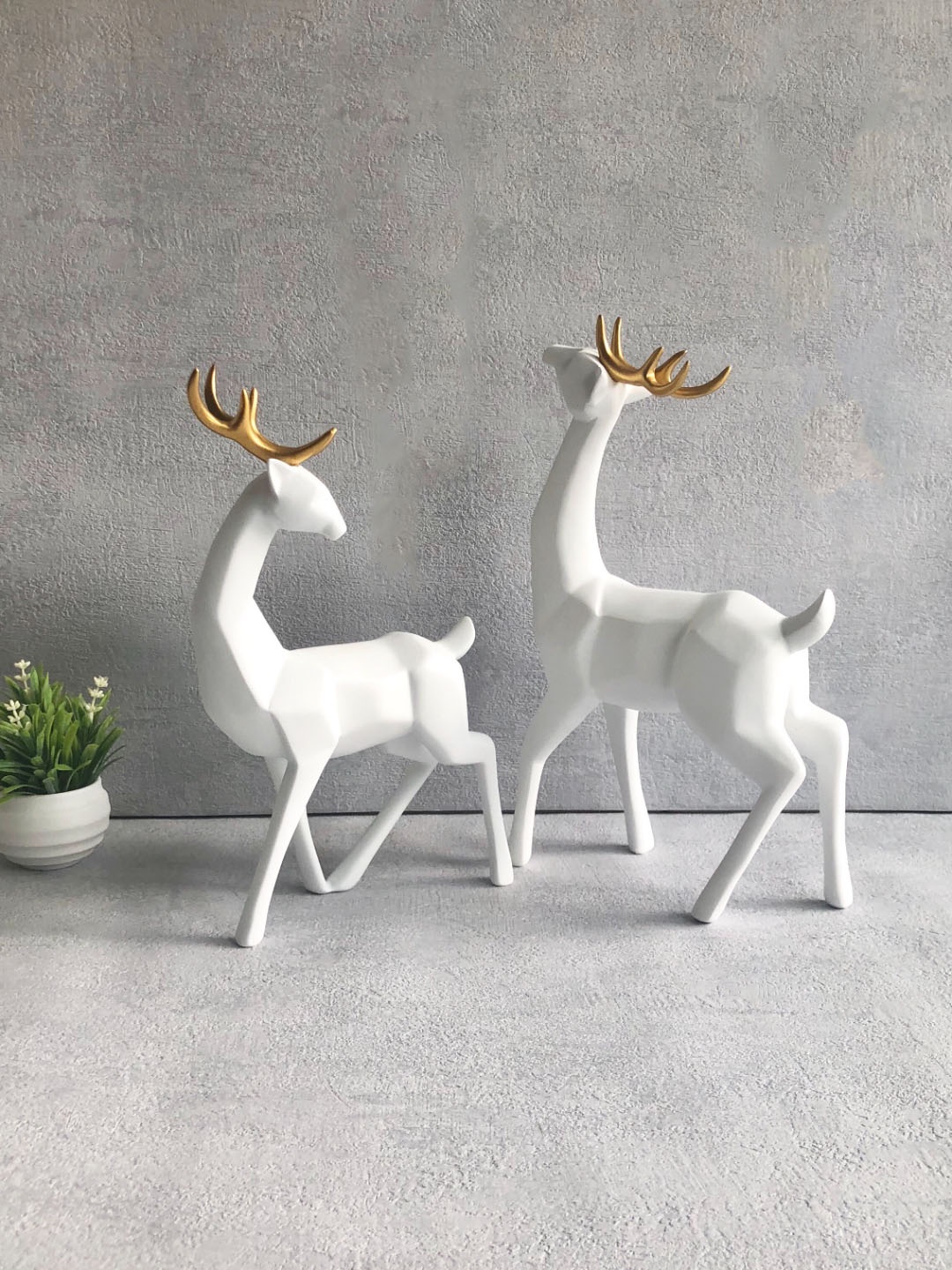 

House of Objects Rudolph White & Gold Tone 2 Pieces Textured Reindeer Showpieces