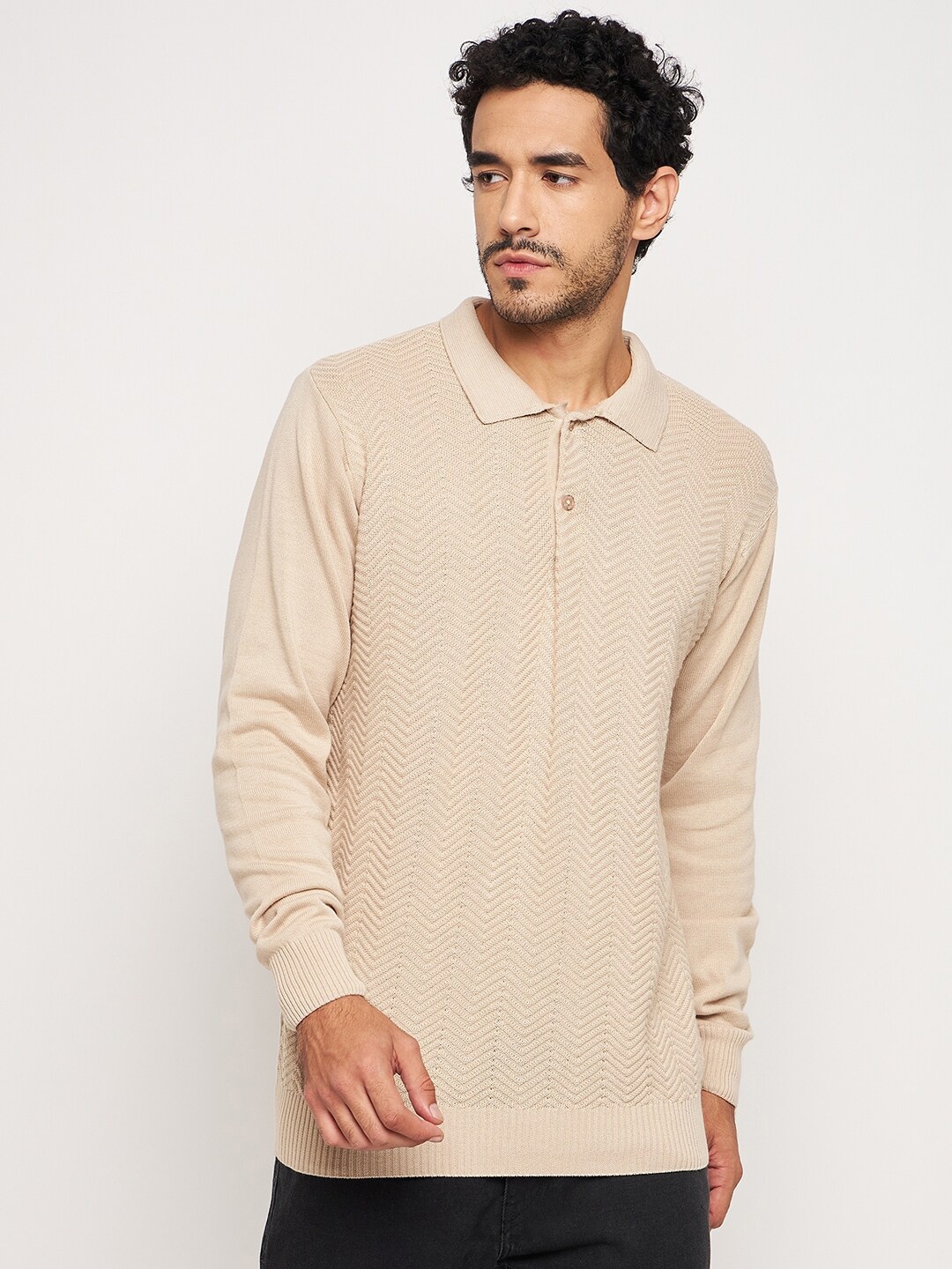 

Club York Chevron Self Design Spread Collar Cotton Pullover, Khaki