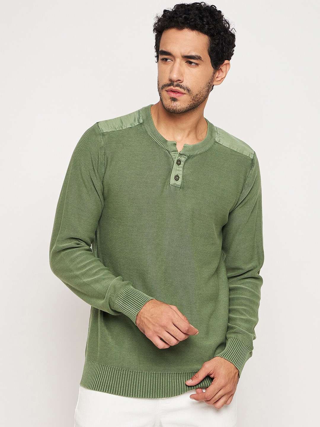 

Club York Striped Henley Neck Cotton Pullover, Green