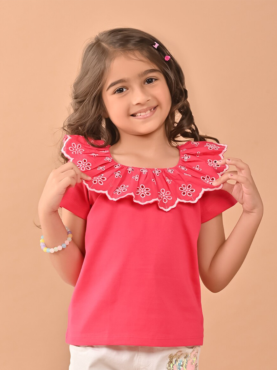

LilPicks Girls Round Neck Riffles Top, Pink