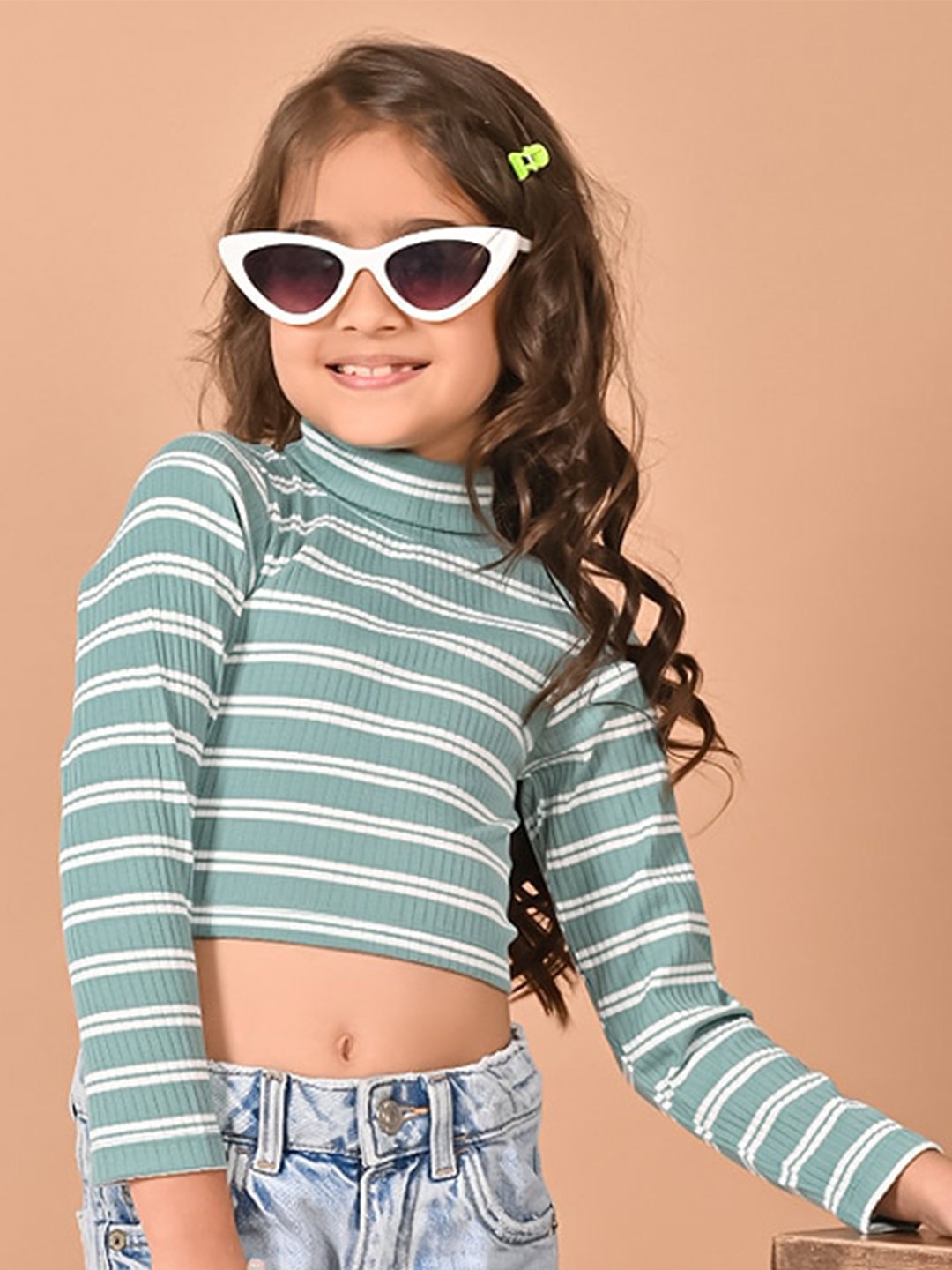 

LilPicks Girls Striped High Neck Fitted Crop Top, Green