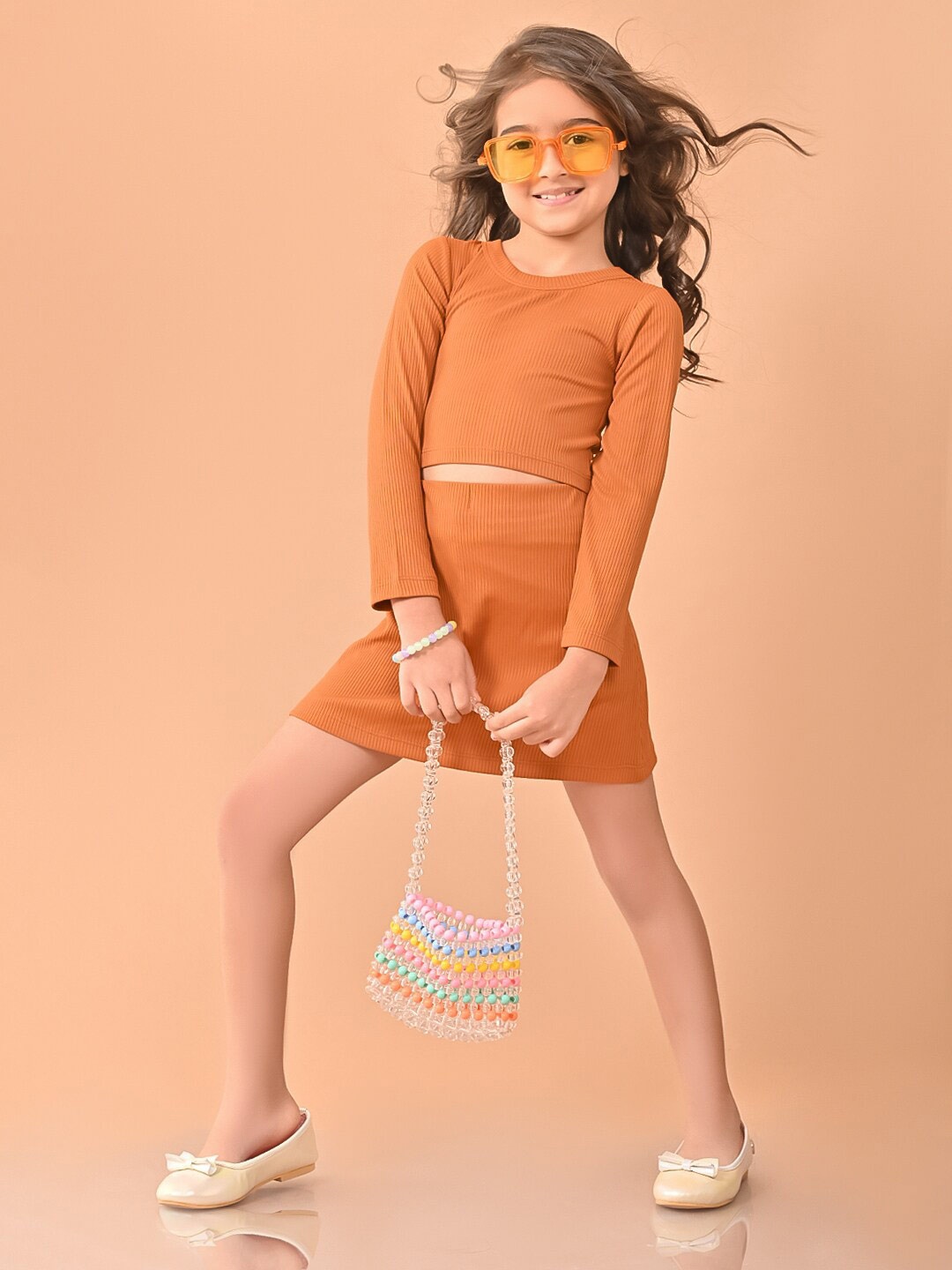 

LilPicks Girls Round Neck Crop Top With Skirt, Brown