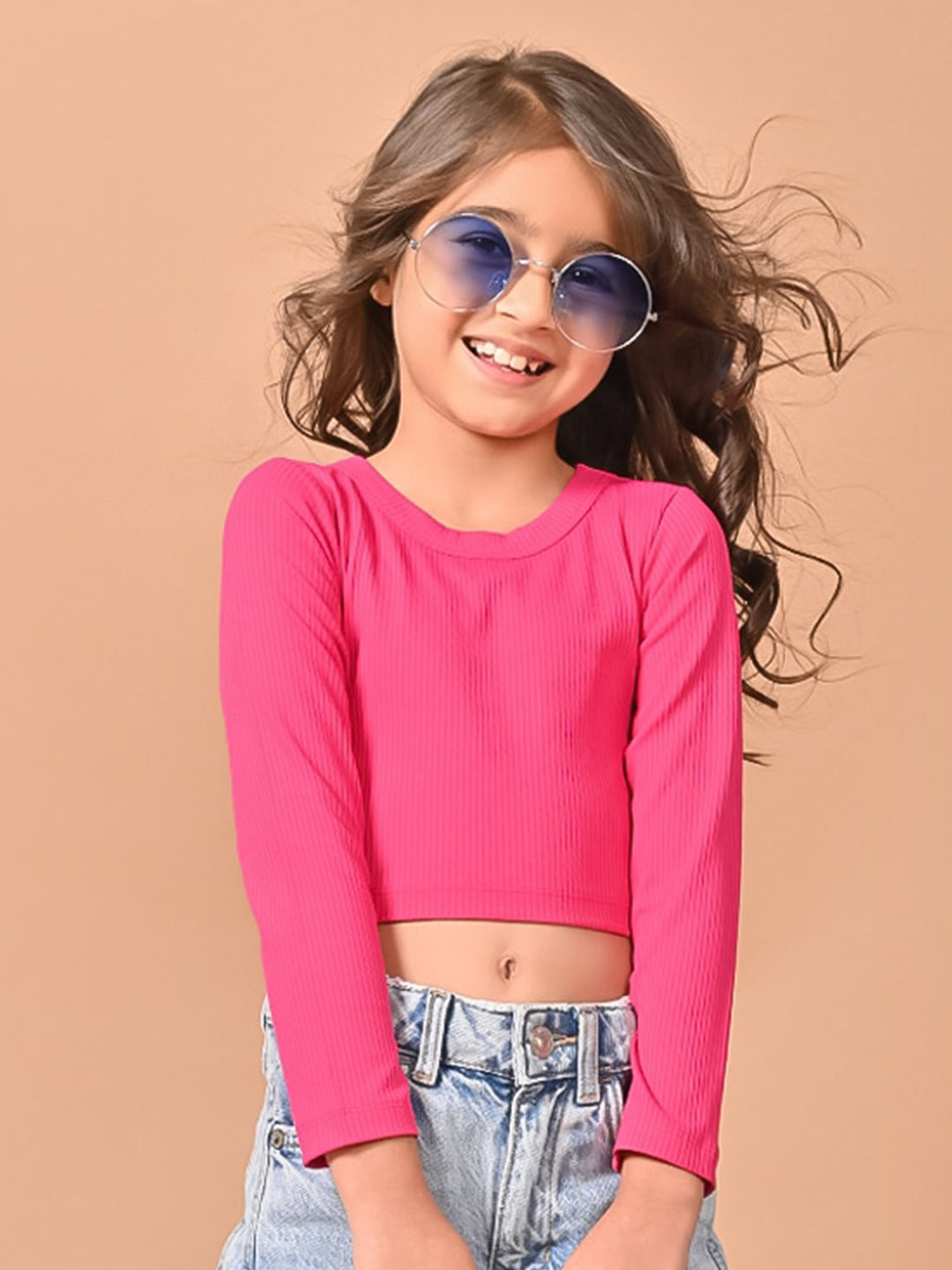 

LilPicks Girls Round Neck Crop Top, Pink