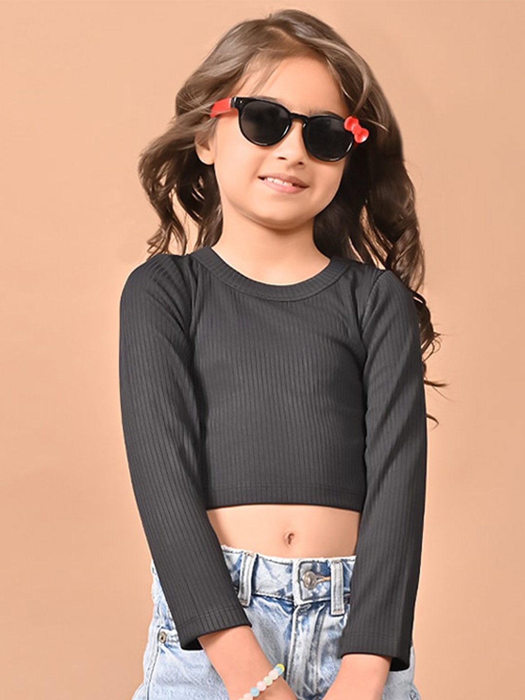 

LilPicks Girls Ribbed Round Neck Regular Crop Top, Black