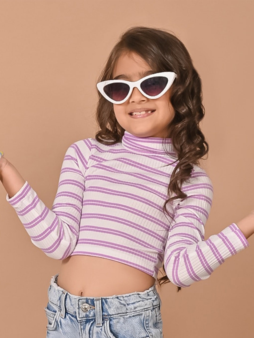 

LilPicks Girls Horizontal Striped High Neck Crop Top, Lavender