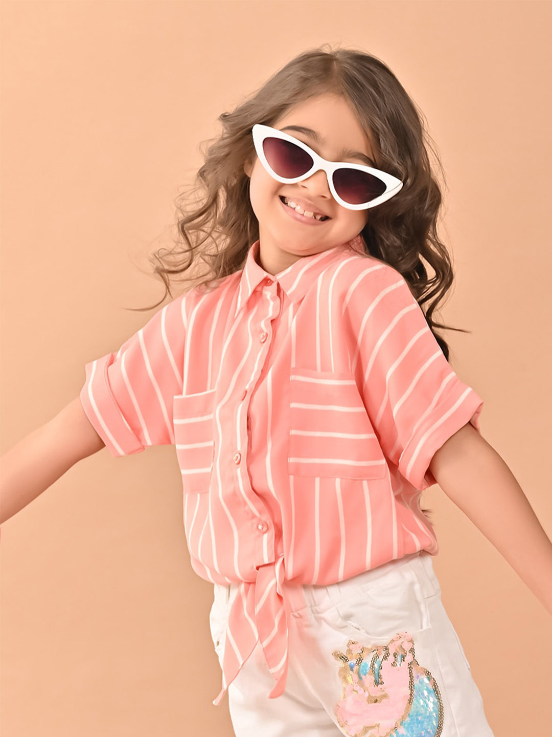 

LilPicks Girls Striped Shirt Collar Shirt Style Top, Peach