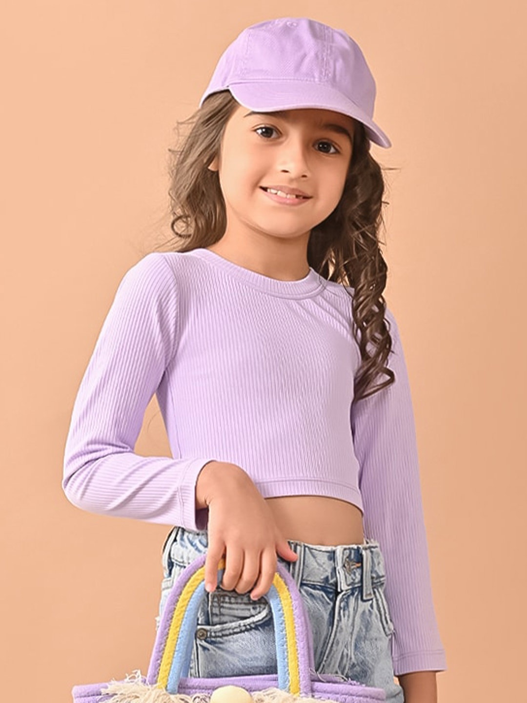 

LilPicks Girls Ribbed Round Neck Regular Crop Top, Lavender