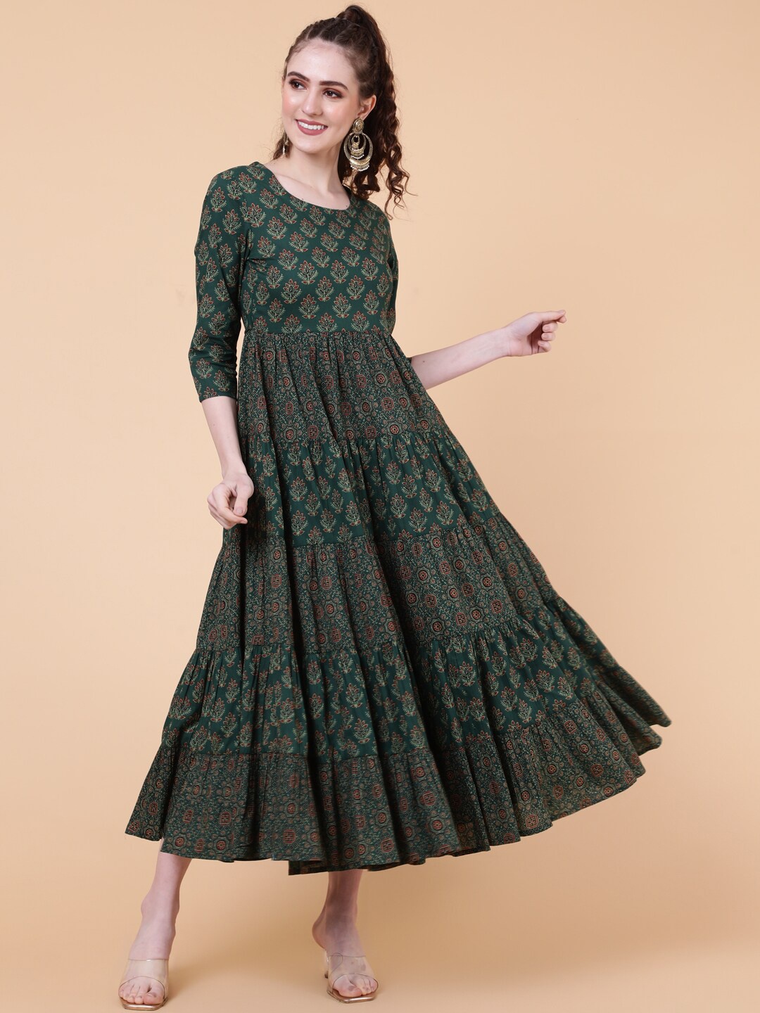 

KIMAYRA Floral Printed Cotton Fit & Flare Ethnic Dresses, Green