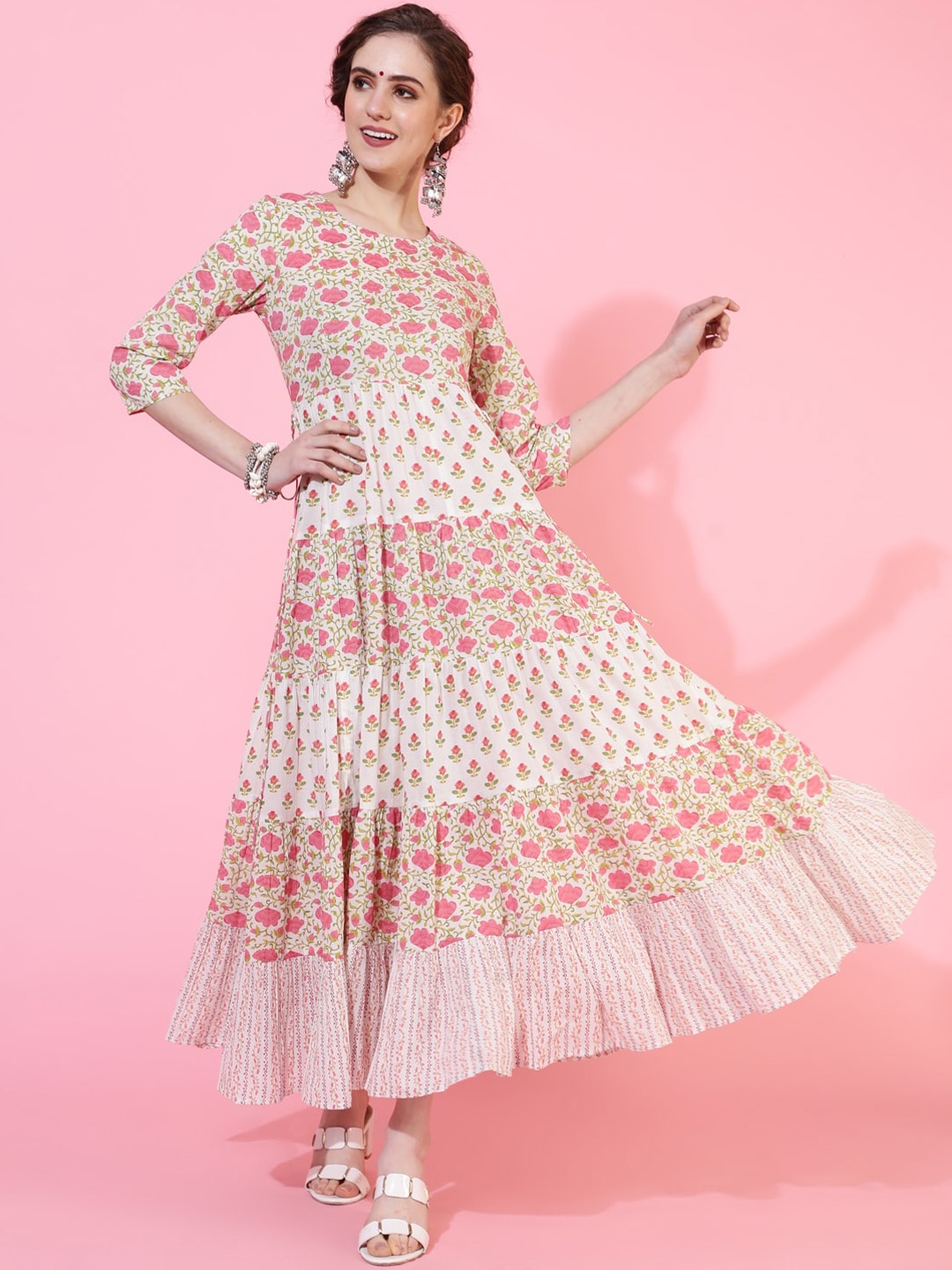 

KIMAYRA Floral Printed Tiered Cotton Fit & Flare Ethnic Dress, White