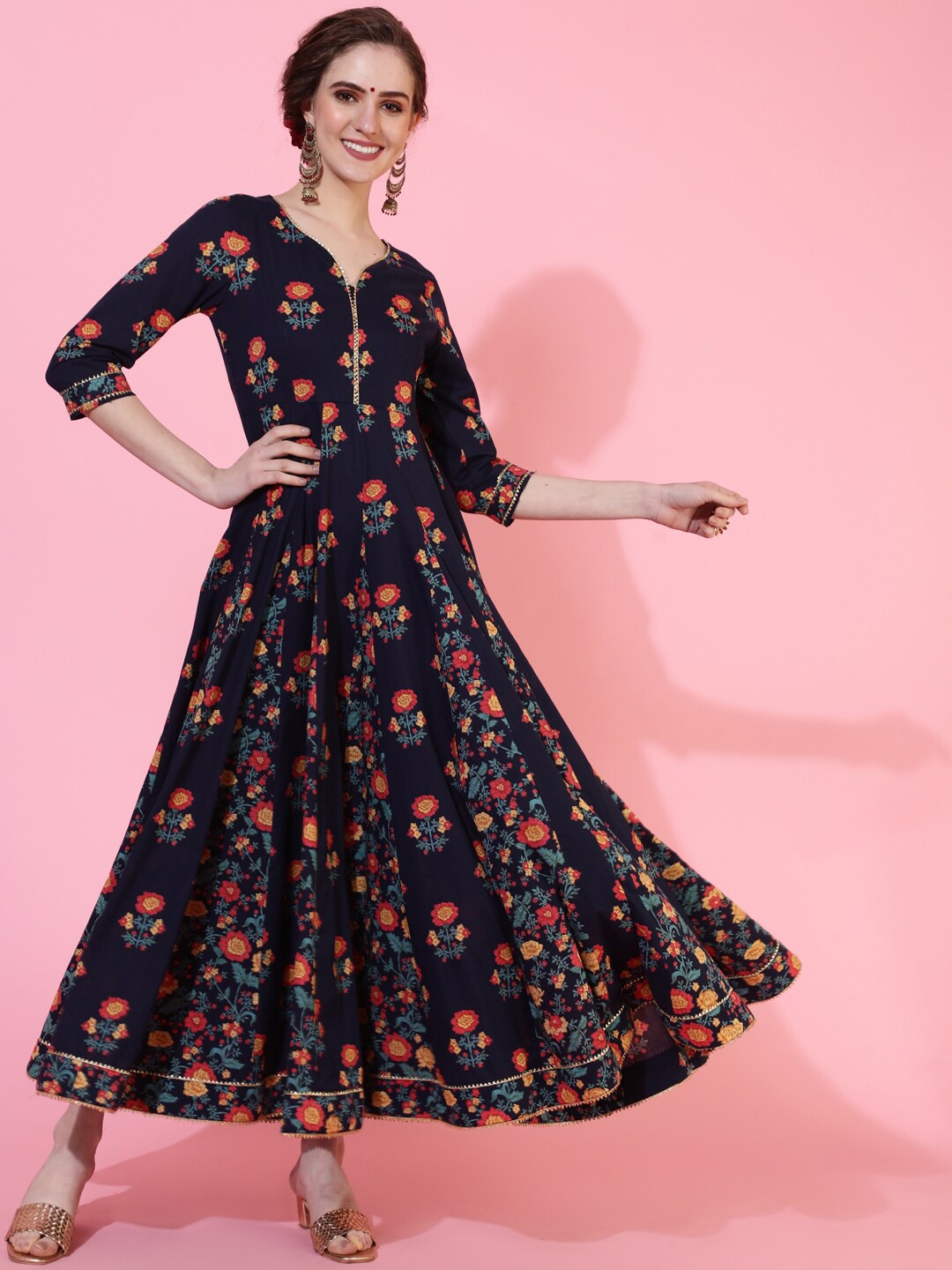 

KIMAYRA Floral Printed V-Neck Cotton Maxi Ethnic Dress, Navy blue