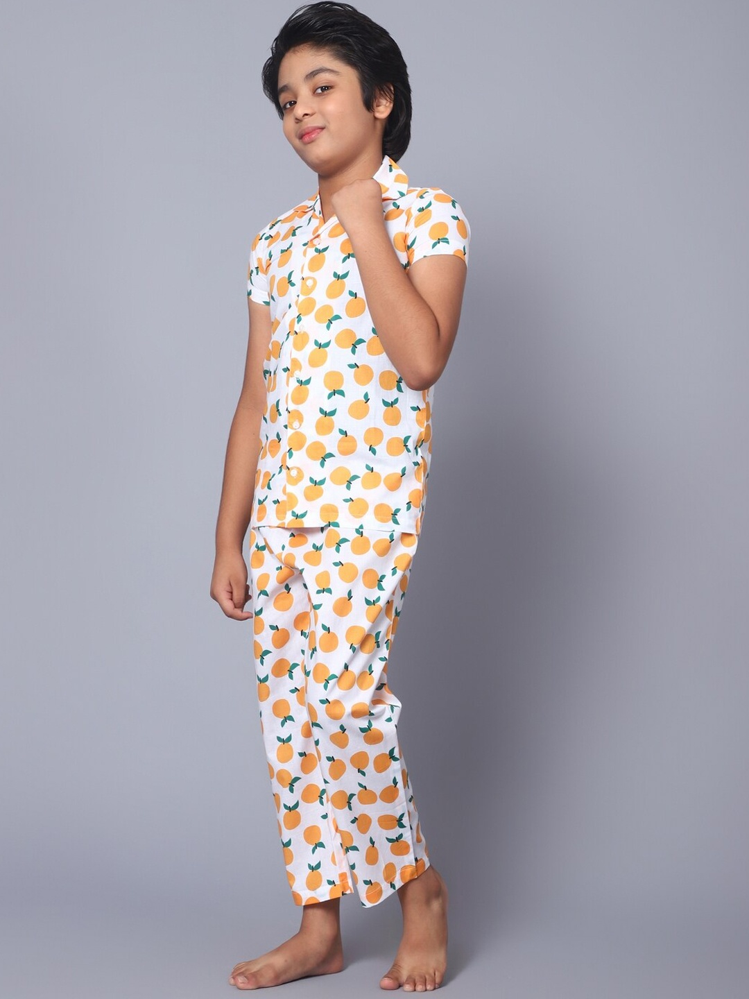 

Kiddiekid Kids Conversational Printed Shirt Collar Pure Cotton Night suit, White