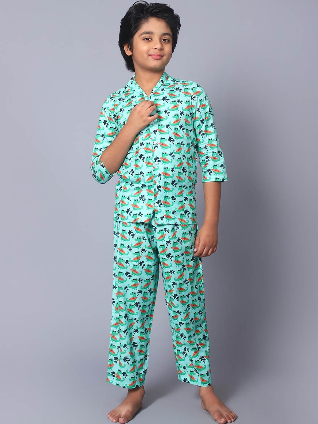 

Kiddiekid Kids Graphic Printed Shirt Collar Pure Cotton Night suit, Blue