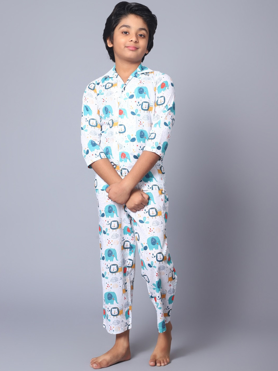 

Kiddiekid Kids Graphic Printed Shirt Collar Pure Cotton Night suit, White