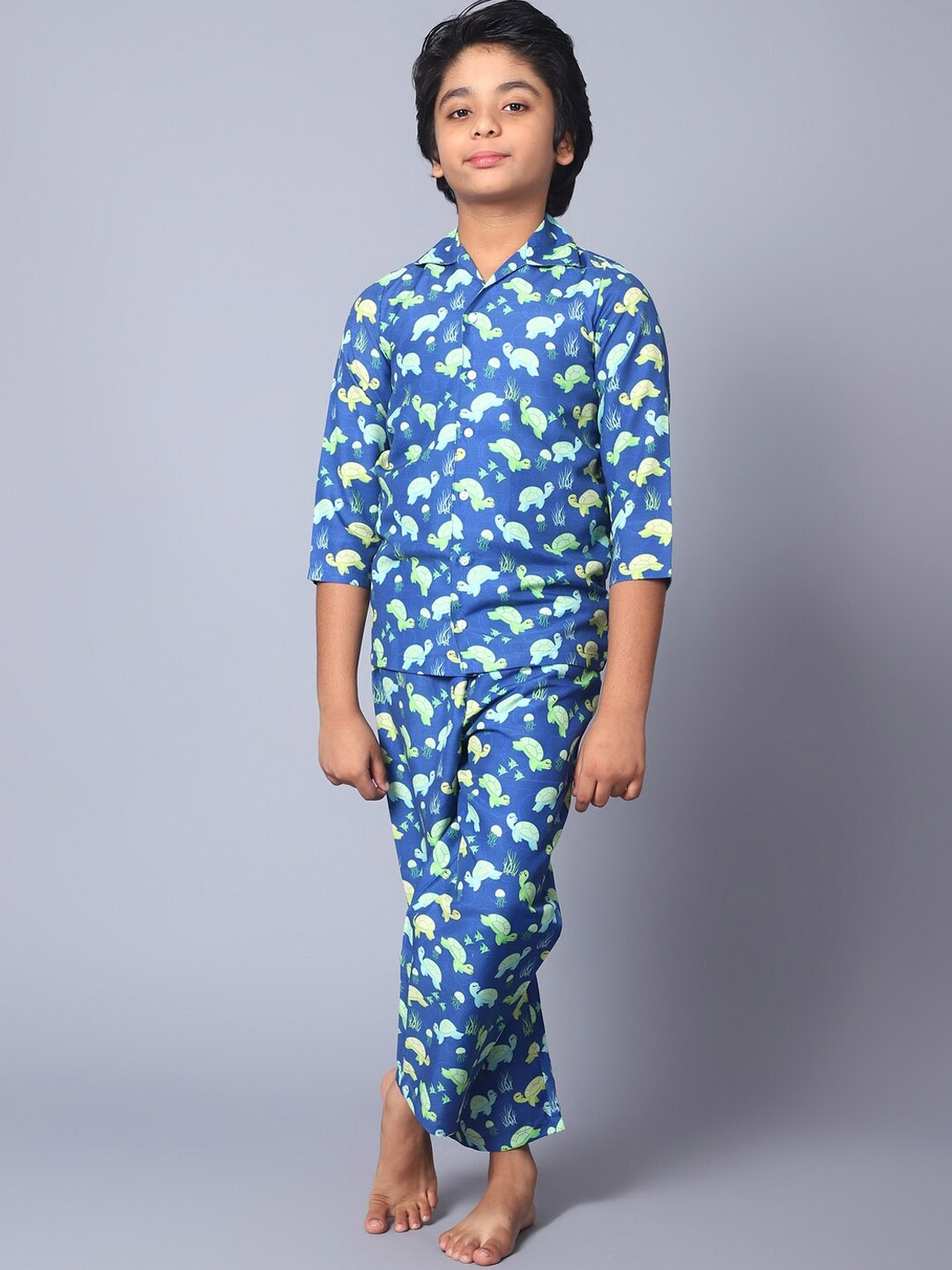 

Kiddiekid Kids Graphic Printed Shirt Collar Pure Cotton Night suit, Blue